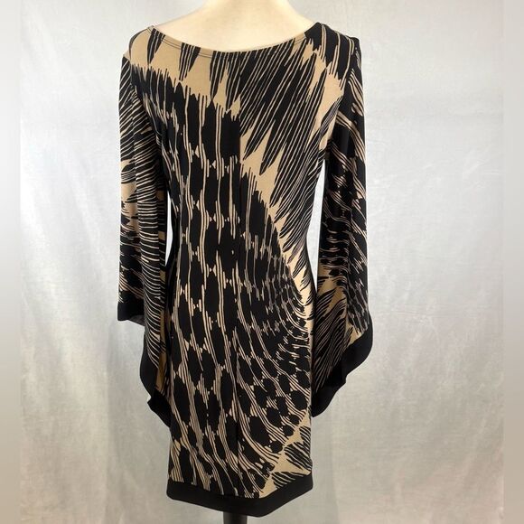 Bisou Bisou stunning black and tan flare sleeve abstract sheath dress size 8 - Picture 6 of 8